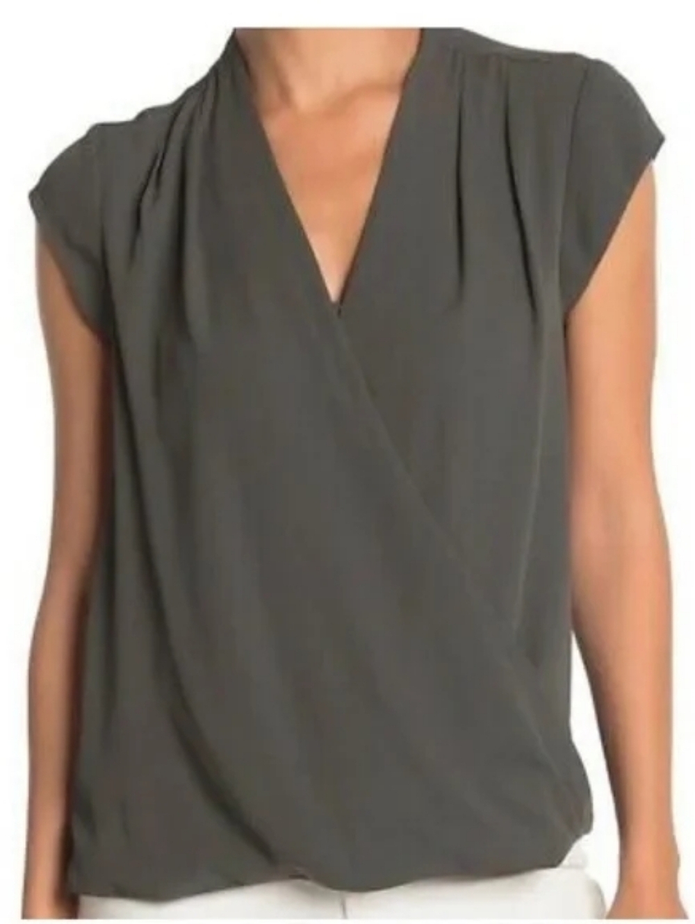 Never Worn Halogen Olive Green Wrap-Style Short Sleeve Blouse